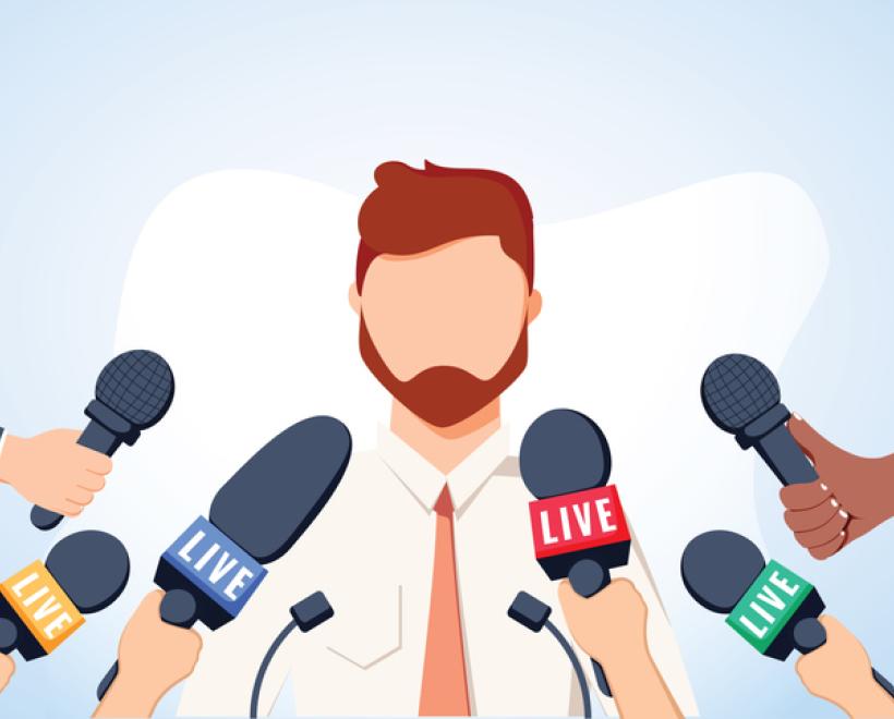 Illustration of a man in front of several reporters with microphones