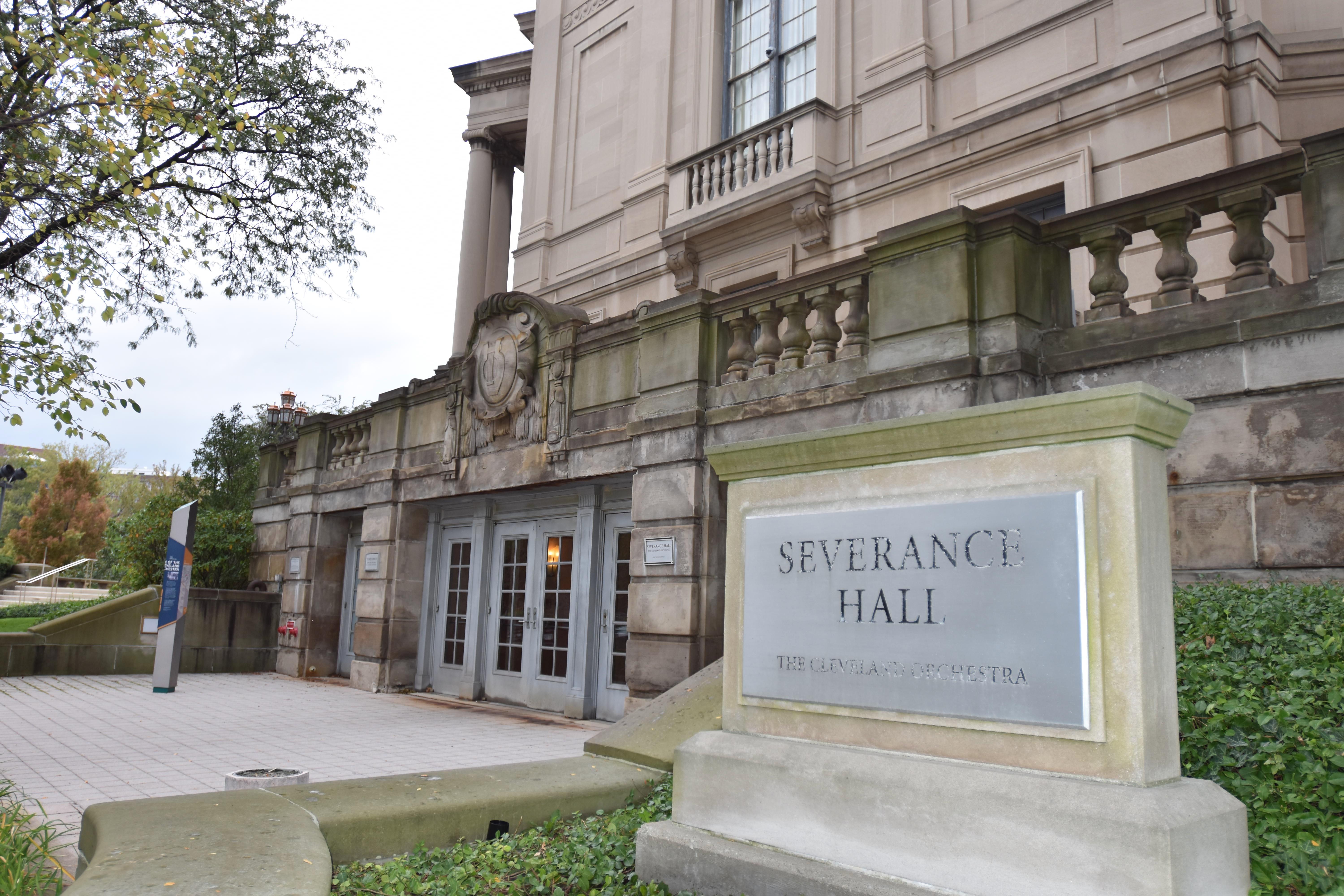 Exterior of Severance Hall off Euclid with sign