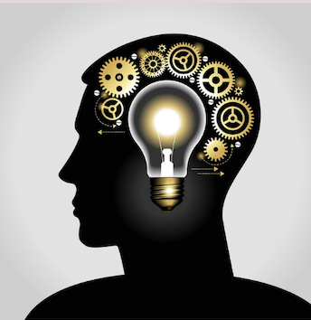 drawing of profile view of human head with gears inside