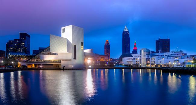 Downtown Cleveland at night photographed from the lake