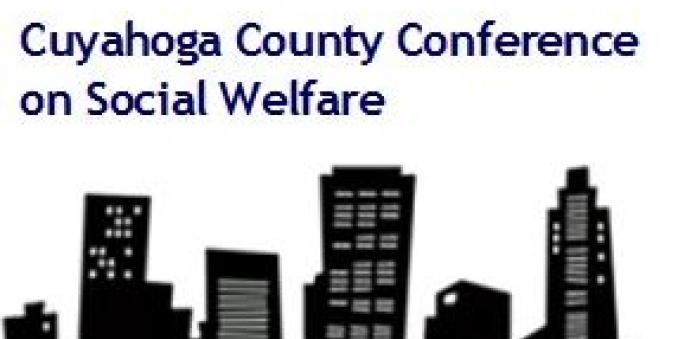 Image of poster with text Cuyahoga County Conference on Social Welfare in blue on white background, with city skyline in black below