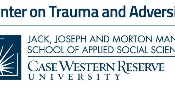 Image of logo labeled center on trauma and adversity, jack, joseph and morton mandel school of applied social sciences, case western reserve university, in blue against a white background, with planet and star school logo on left