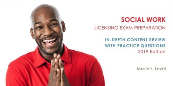 Man holding his hands up next to his face. Words: Social work licensing exam preparation, in-depth content review with practice questions 2019 edition, Masters level