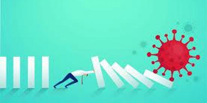 Illustration of a person trying to hold up a falling stack of dominoes