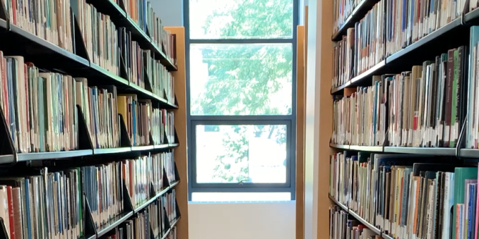 View of library stacks in Harris Library