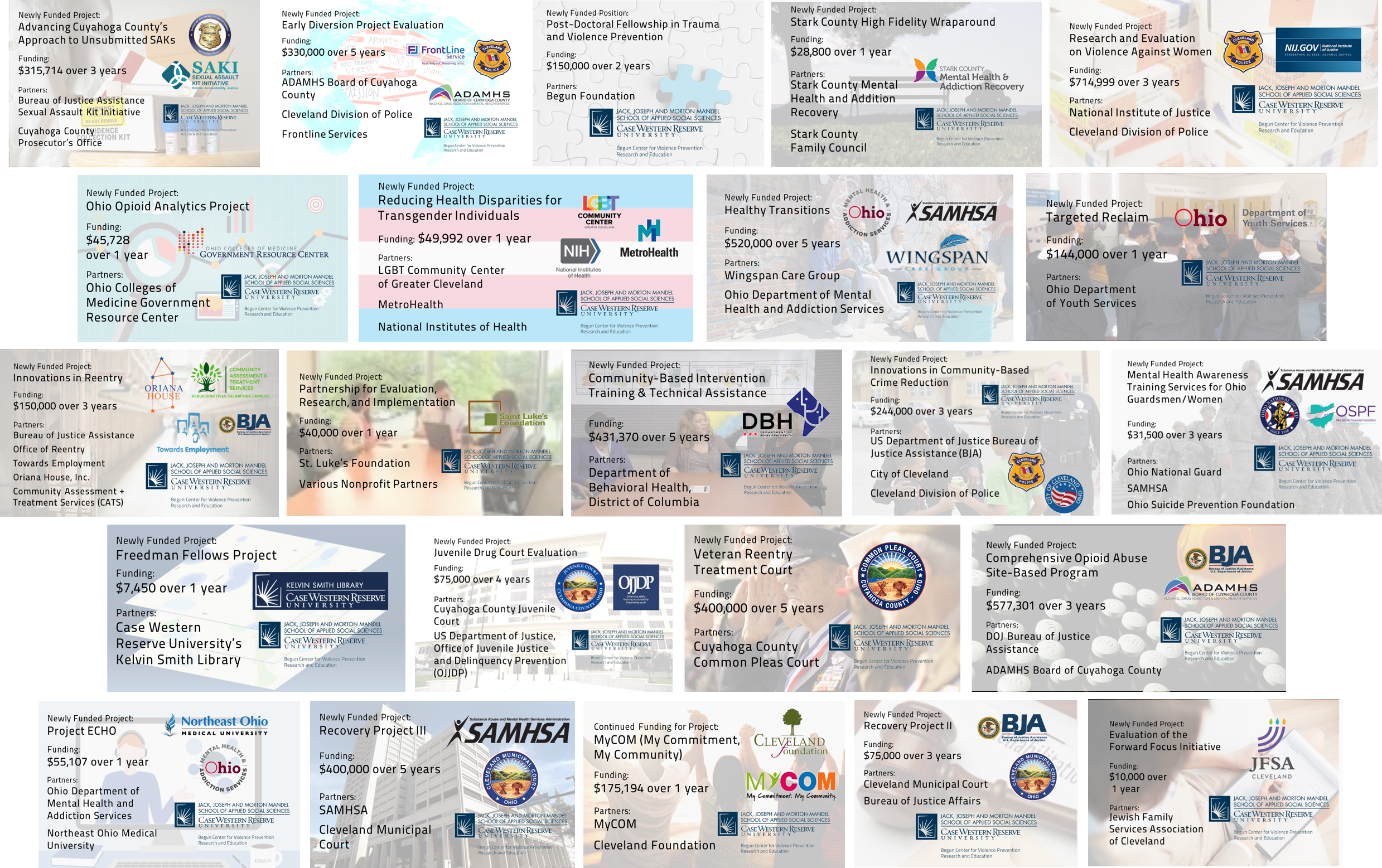 Collage of funding received by Begun Center.