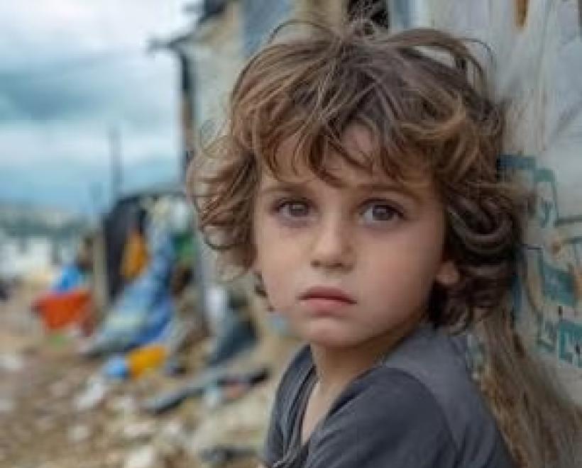 Boy sits along outside on the ground against a wall