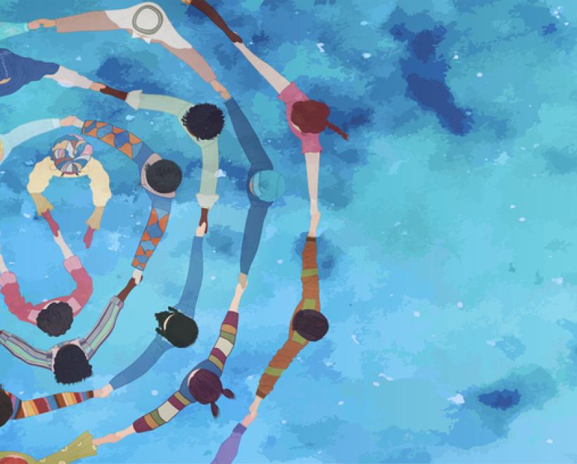 Image of a group of people in a circle from diverse cultures holding hands