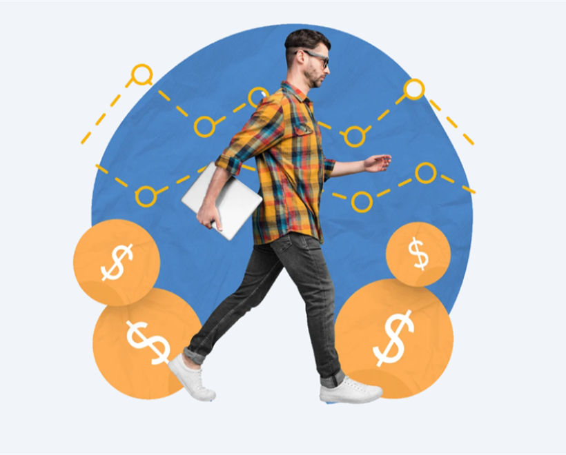 Man walking with a laptop surrounded by orange money bubbles