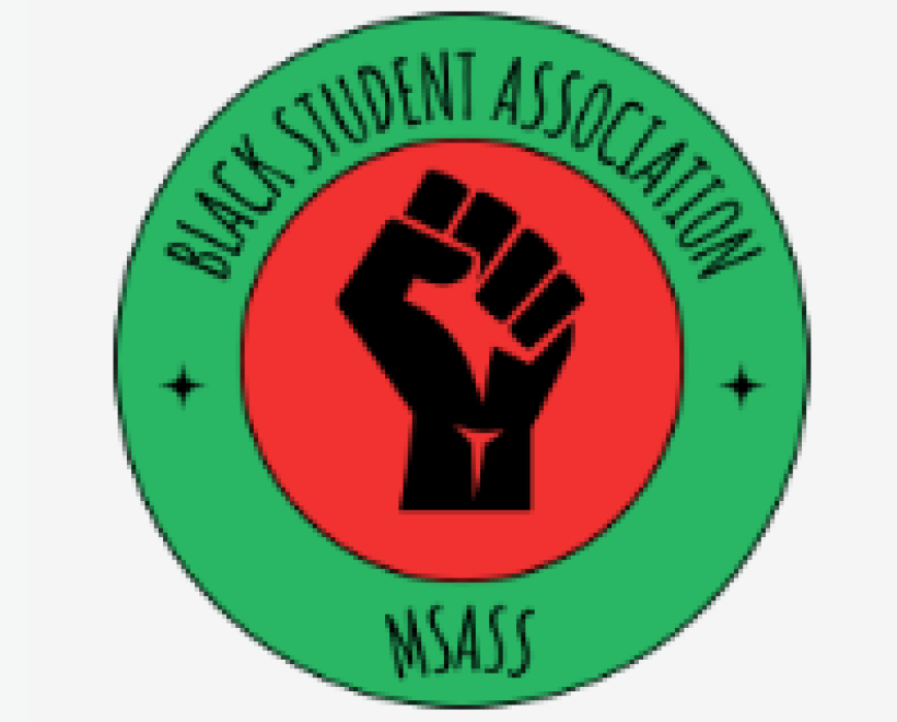 "Black Student Association MSASS" logo: black hand in red circle surrounded by a green circle