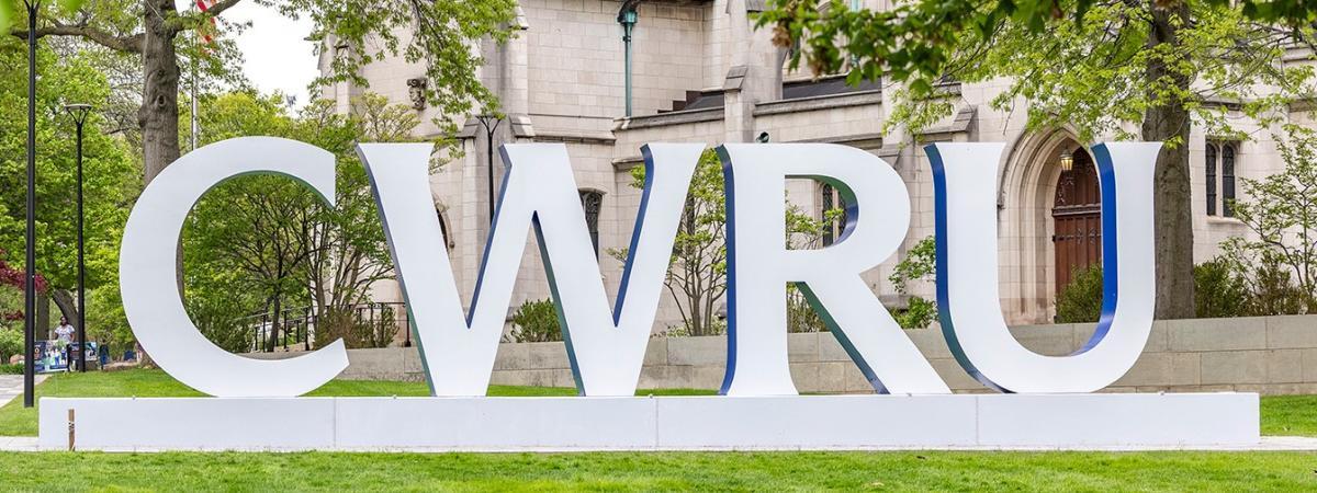 CWRU letters located next to Adelbert Hall