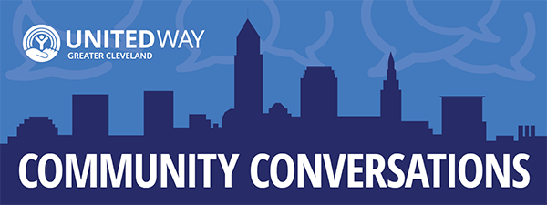 "Community Conversations" against a blue Cleveland skyline