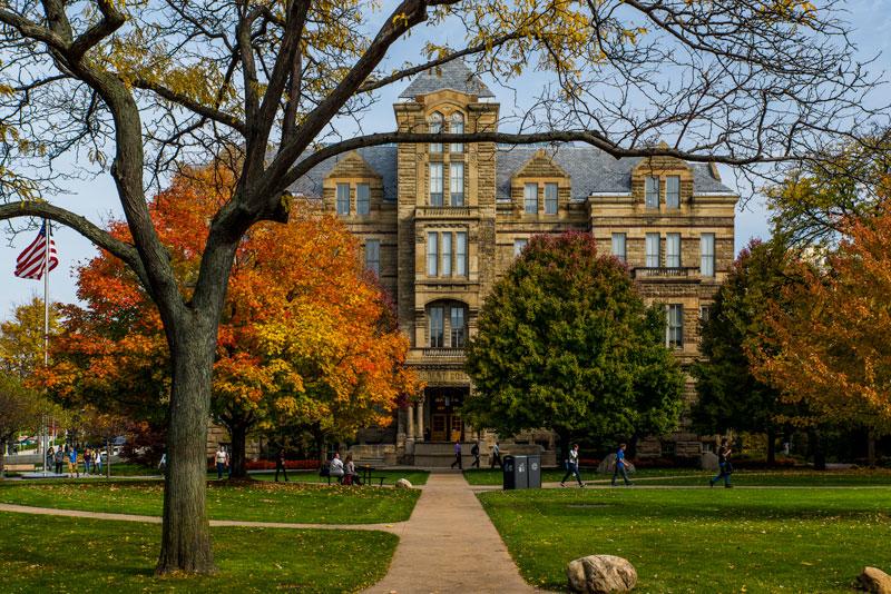 Adelbert Hall from the quad in the fall