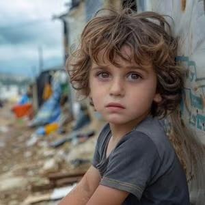 Boy sits along outside on the ground against a wall