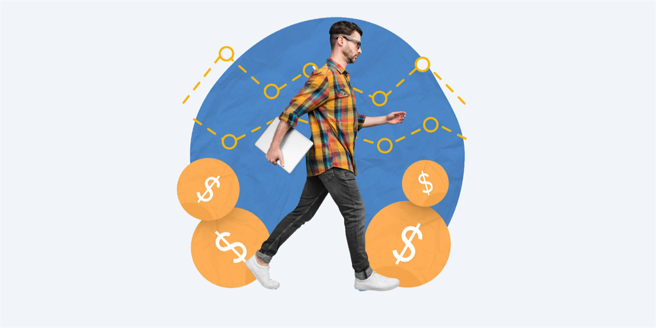 Man walking with a laptop surrounded by orange money bubbles