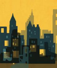 Silhouette of city buildings against a yellow background