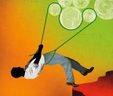 Illustration of a Black person lassoing money and using the rope to climb uphill