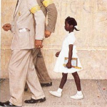 A young Black girl walks behind white officers