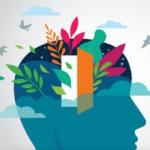 Illustration of a blue head with a door in the brain and leaves and brids coming out of it