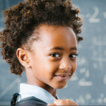 Girl looks back and smiles in front of a chalkboard with math problems on it