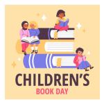 Illustration of children sitting on books with "Children's Book Day" written below