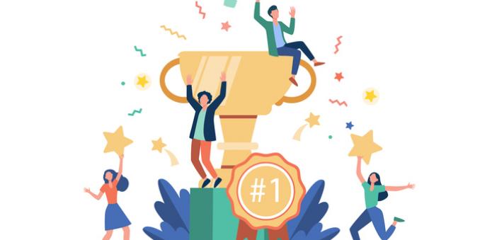 Illustration of people celebrating around a trophy