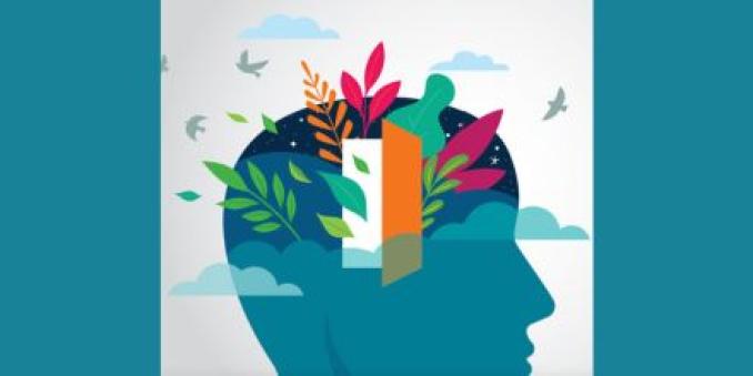 Illustration of a blue head with a door in the brain and leaves and brids coming out of it