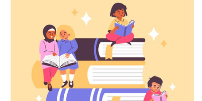 Illustration of children sitting on books with "Children's Book Day" written below
