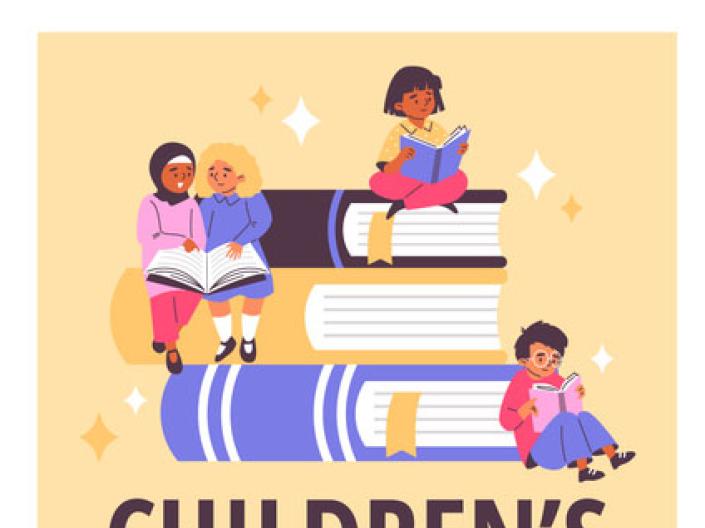 Illustration of children sitting on books with "Children's Book Day" written below