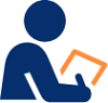 Blue person writing on an orange tablet icon