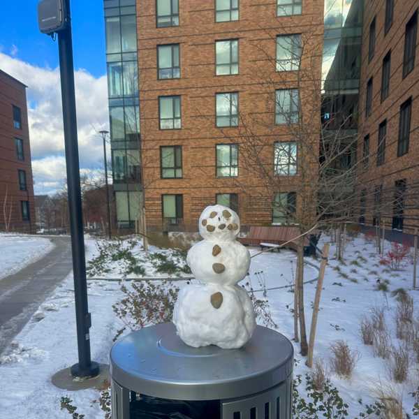 A small, smiling snowman on campus.