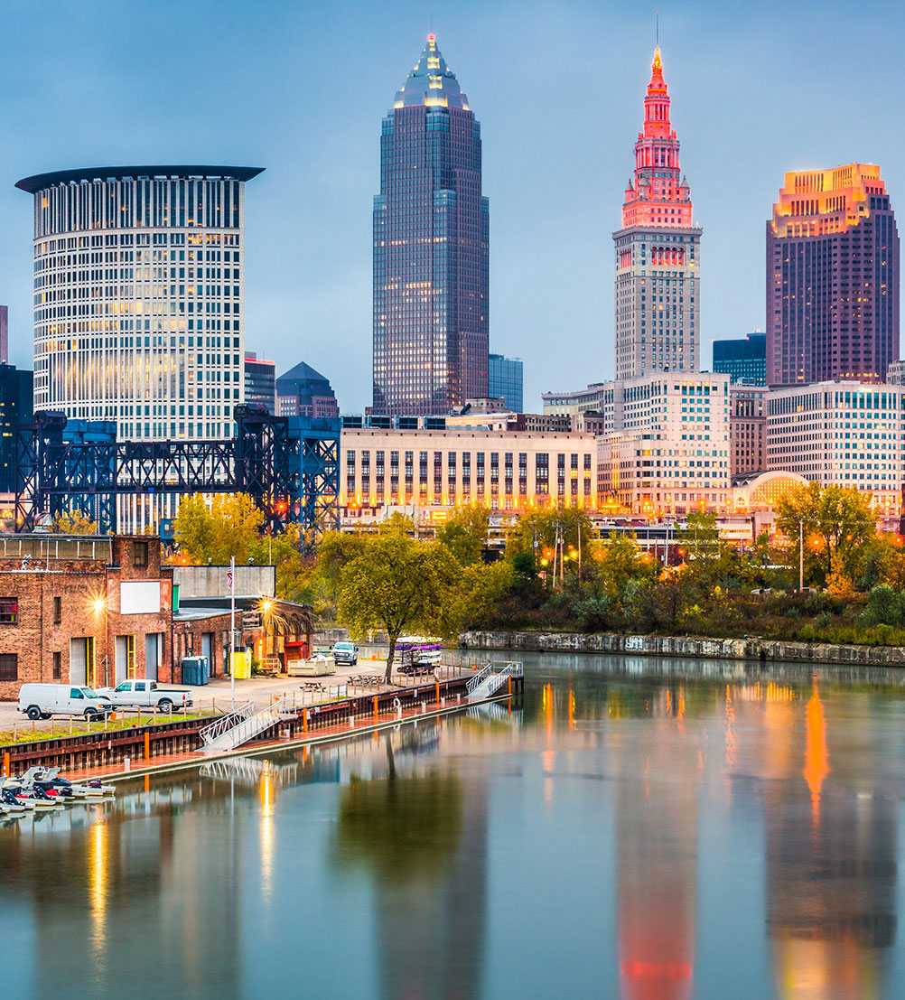 Photo of downtown Cleveland, Ohio, with Cuyahoga River in view