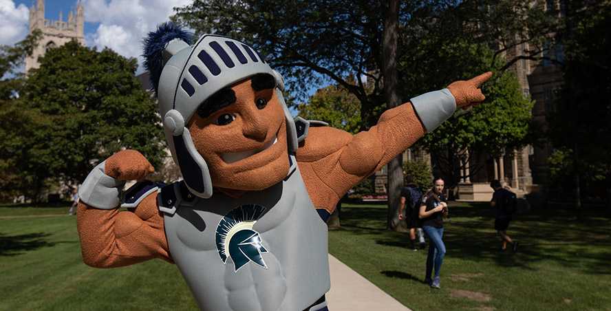 Photo of Case Western Reserve University Spartan mascot, Spartie, flexing