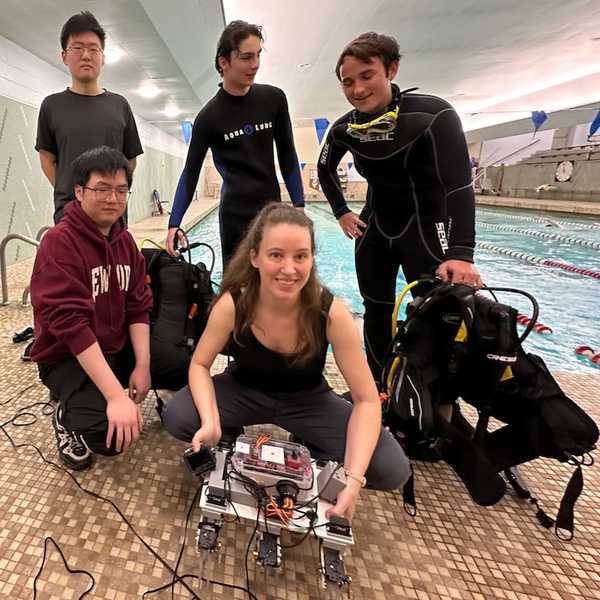 Photo shared by Case Western Reserve on June 16, 2024 tagging @cwruengineering. May be an image of 5 people, wetsuit, glasses, snorkel and text.