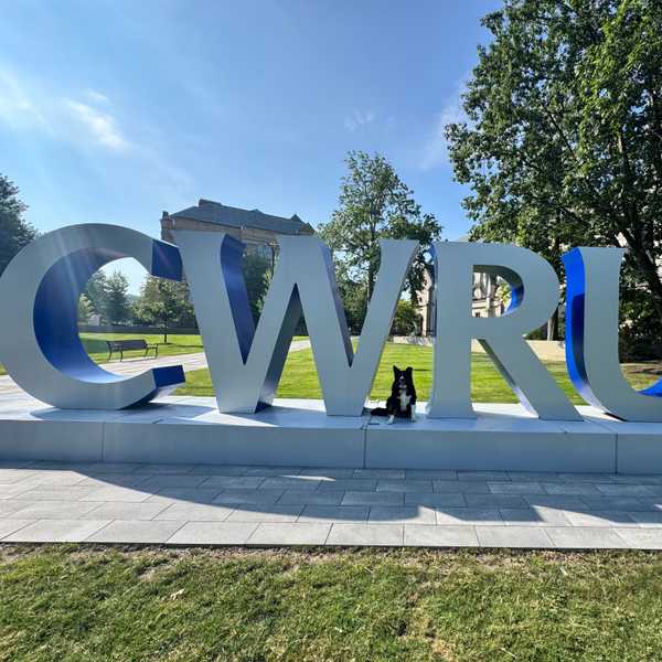 A black, white and brown dog poses in front of a large gray and blue sign near the university’s Binary Walkway that spells, “CWRU.”