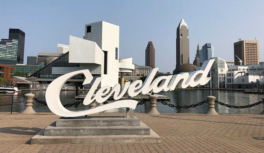 Sign of Cleveland and the city in the background