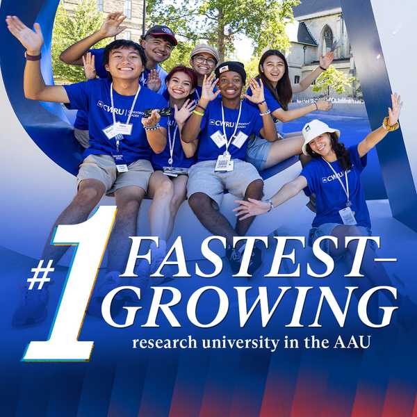 A group of students posing in a large letter "C" on campus, with a text overlay that reads, "#1 fastest growing research university in the AAU"