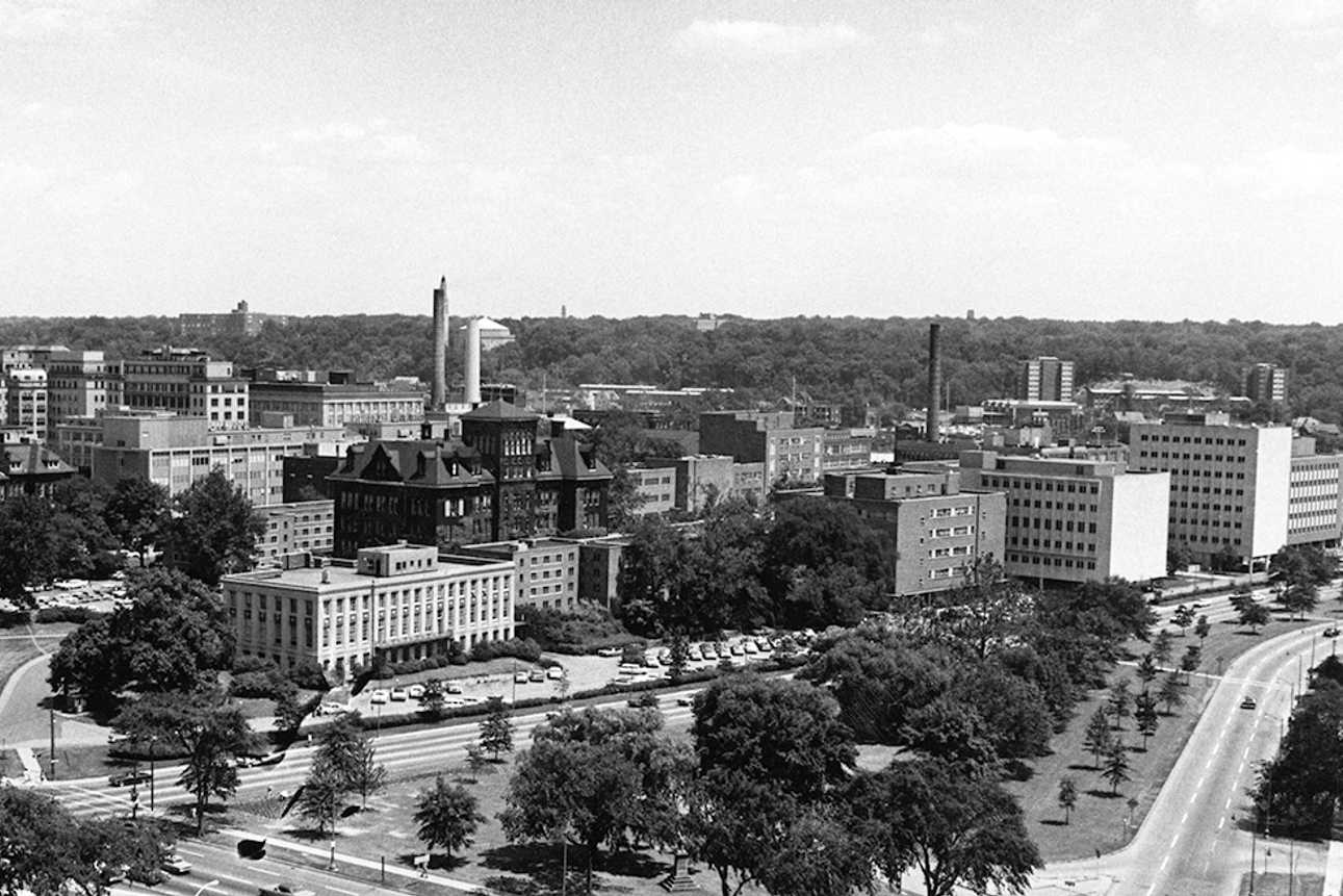 Black and white historical photo of buildings on Case Western Reserve University’s quad