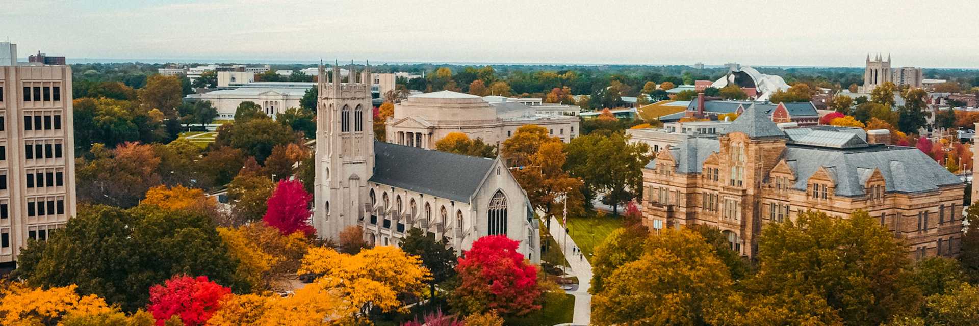 An aerial view of Case Western Reserve University’s campus with fall foliage prominent