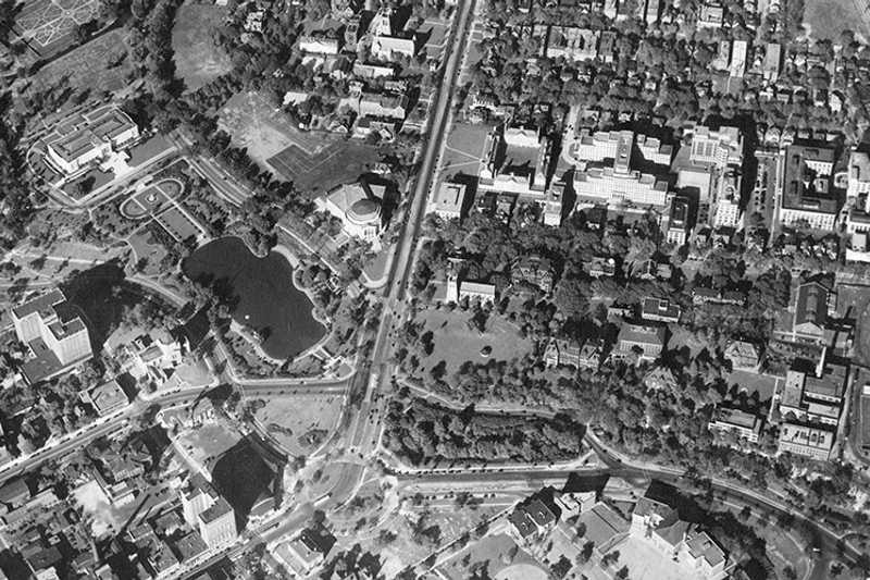 Black and white historical photo of an aerial view of what is now Case Western Reserve University’s campus