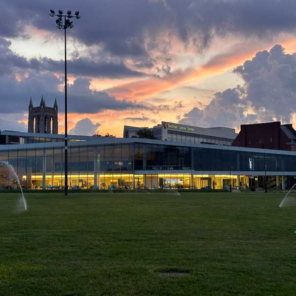 A moody sunset behind the Tinkham Veale University Center on Case Western Reserve University’s campus.