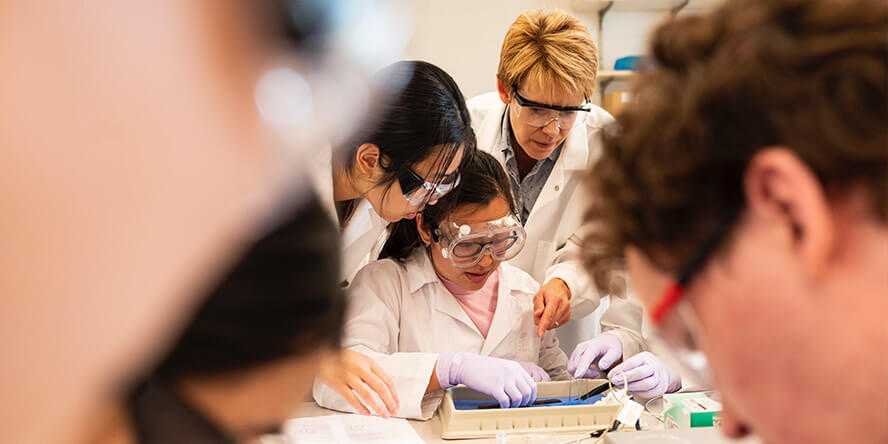 Photo of a Case Western Reserve University lab, with students getting help on a project from a professor