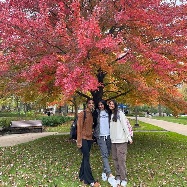 Three CWRU students pose in front of a large tree with red leaves on Case Quad.