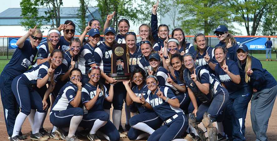 Photo of Case Western Reserve University women’s softball team holding a trophy and holding up fingers to symbolize #1