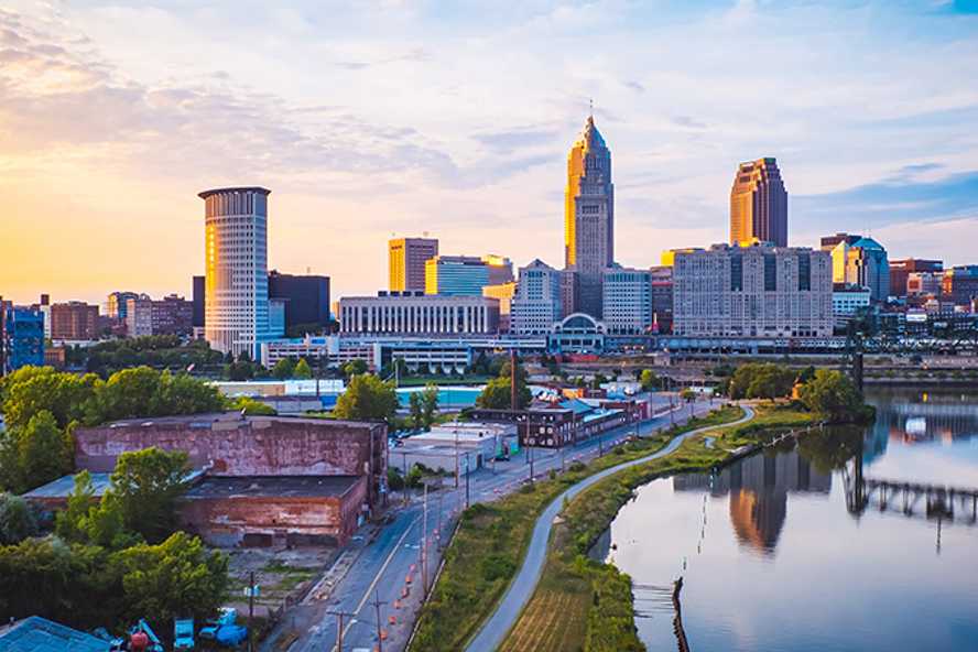 Photo of Cleveland, Ohio, skyline with Cuyahoga River in view