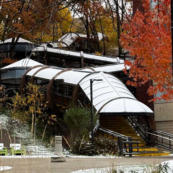 A light layer of snow covering the Elephant Steps and surrounding fall foliage.