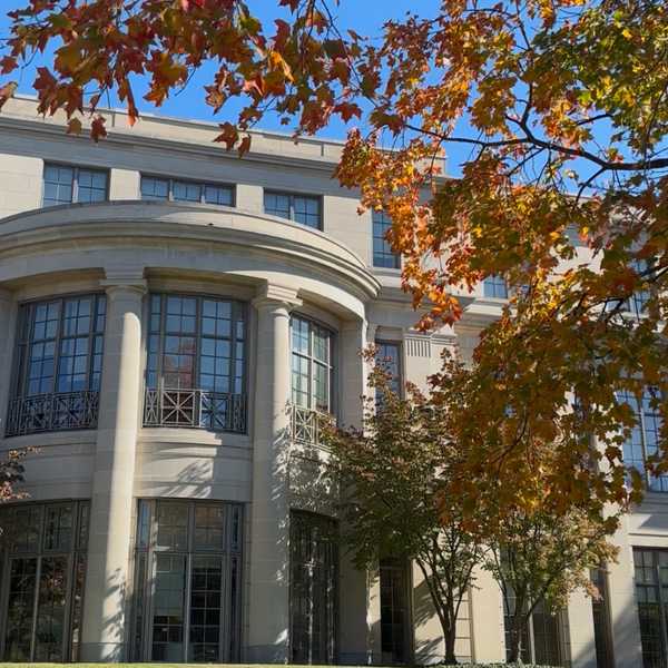 A still from a video featuring Kelvin Smith Library and colorful foliage