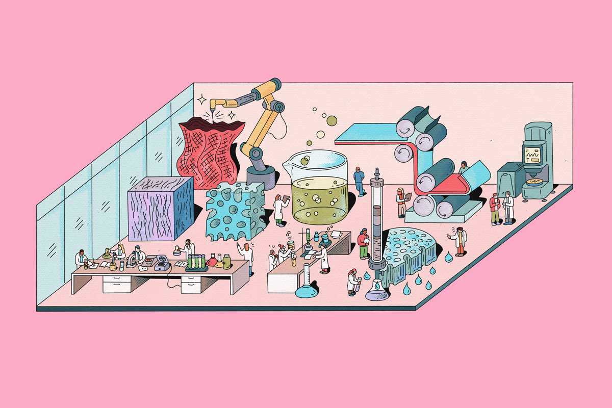 Illustration of a materials science lab in the Interdisciplinary Science and Engineering Building, with researchers in lab coats working at benches of glassware and microscopes, surrounded by oversized material samples, a robotic arm, a large beaker of bubbling liquid, a roller press, and a testing machine.