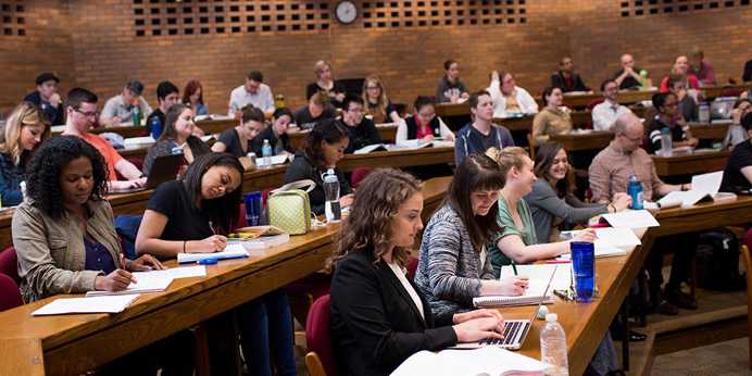 Photo of a Case Western Reserve University School of Law classroom filled with students