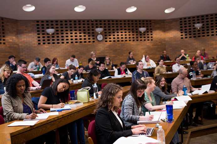Photo of a Case Western Reserve University School of Law classroom filled with students